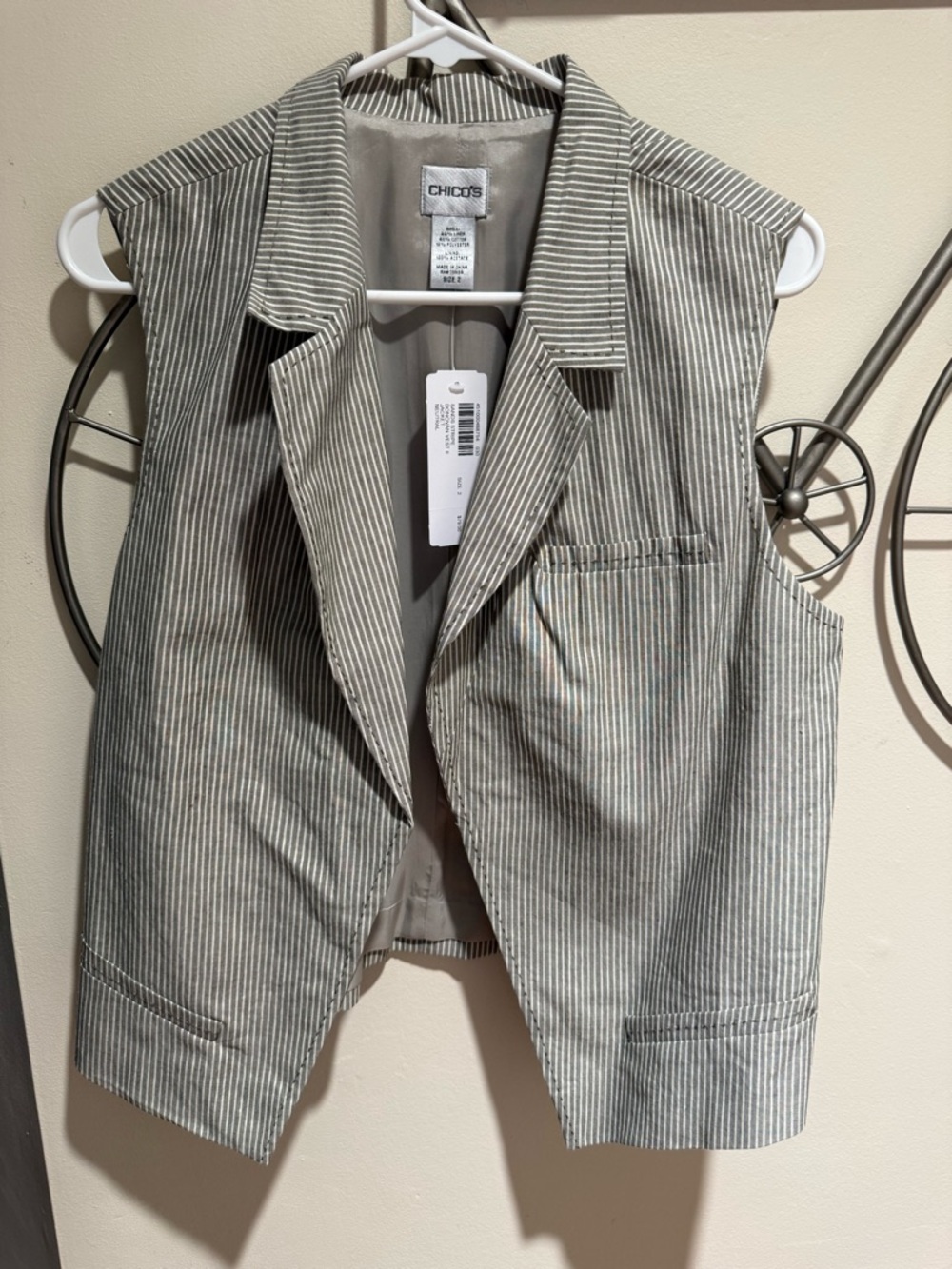 Chico's Striped Sleeveless Blazer Vest Gray & White Size L Linen Cotton Blend